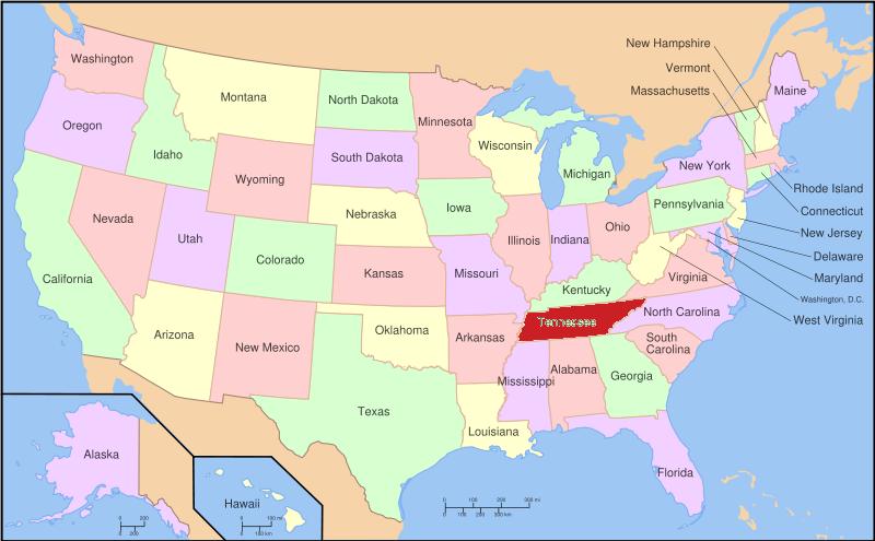 Map of USA with Tennessee highlighted